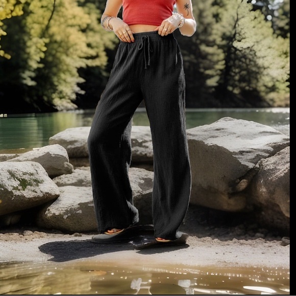 Linen Drawstring High Waisted Casual Loose Fit Wide Leg Stretchy Long Leg Pants - Picture 4 of 15